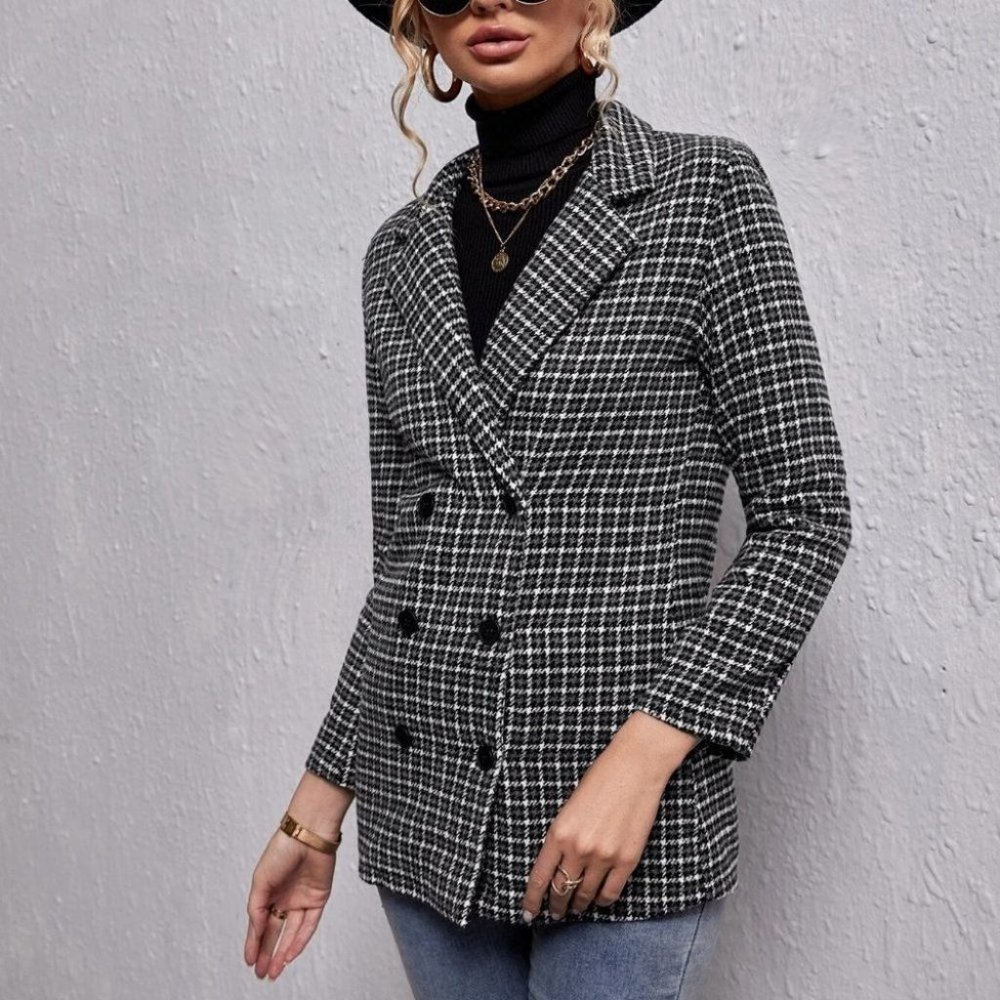 double breasted houndstooth & plaid print blazer chic - Picture 5 of 5